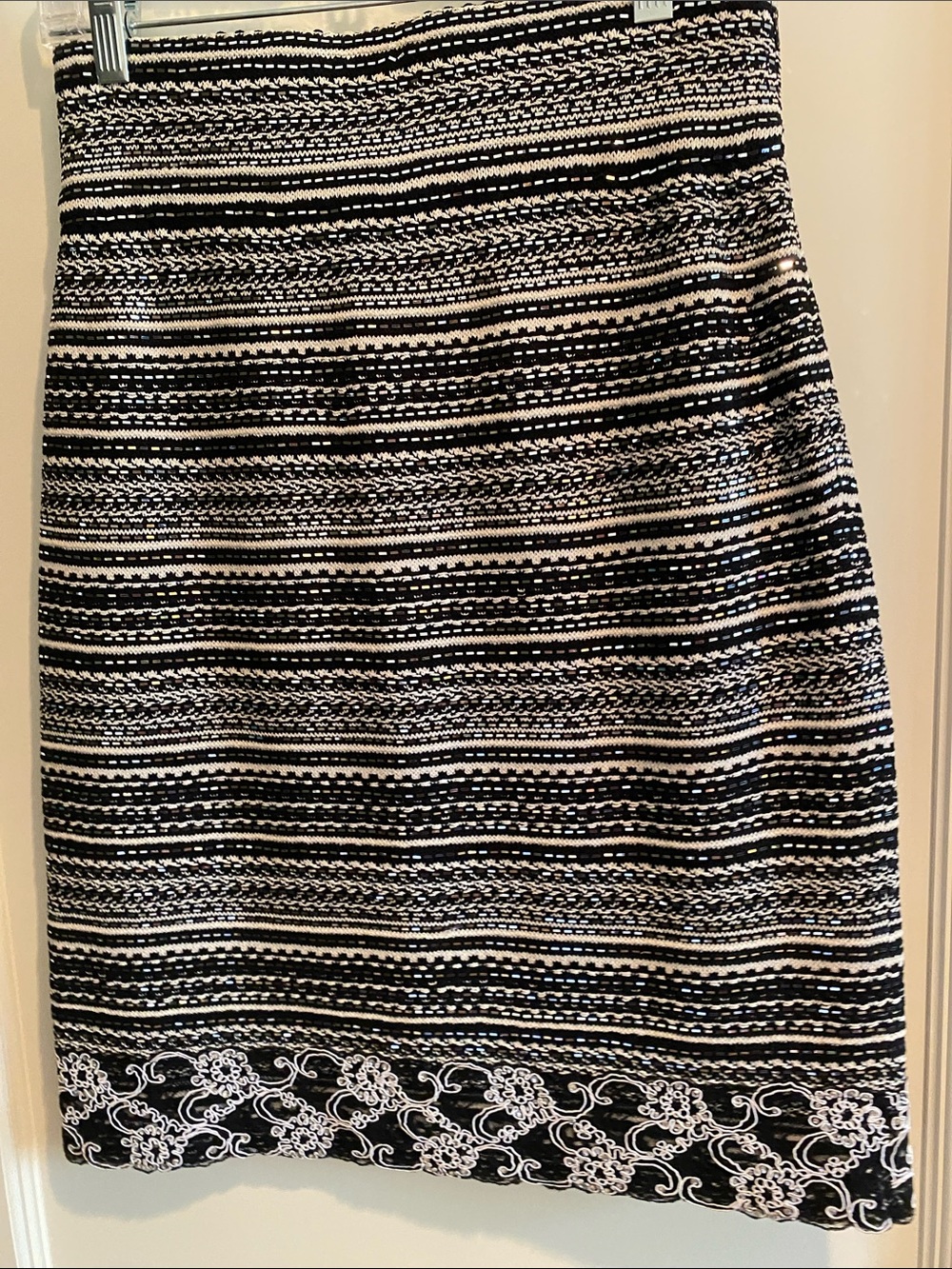 Striped Black and White Pencil Skirt with Embroidered Hem